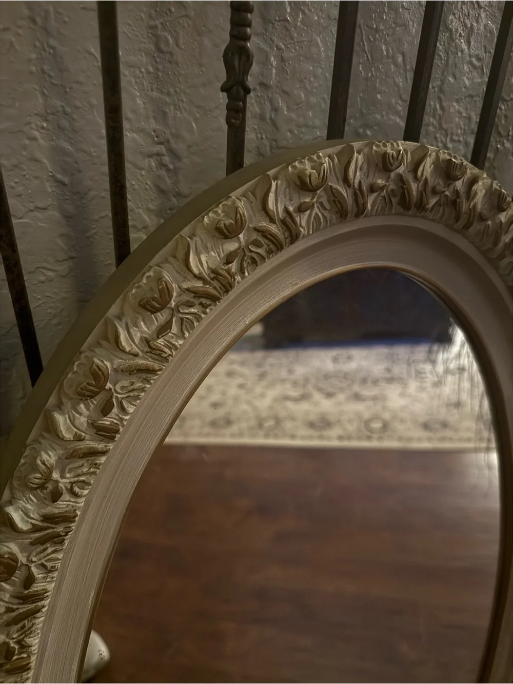Vintage Oval Wall Mirror Featuring An Ornate, Off-White And Gold-Accented Frame